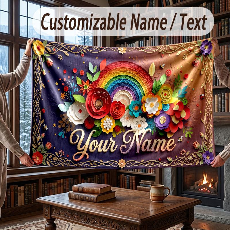 Floral Garden Theme Throw Blanket Custom Name Text Personalized Blanket Soft Cozy Blanket for Home Sofa Bed