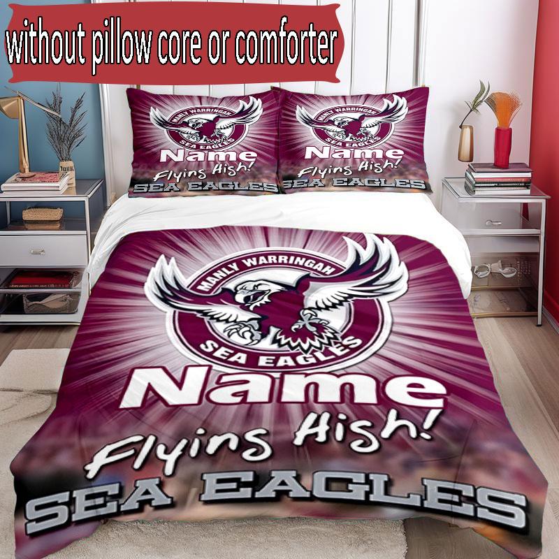 3pcs Duvet Cover Set (1*Duvet Cover + 2*Pillowcase, Without Core), Custom Name Manly Warringah Sea Eagles Pattern Bedding Set, Home Bedroom Decor Gift