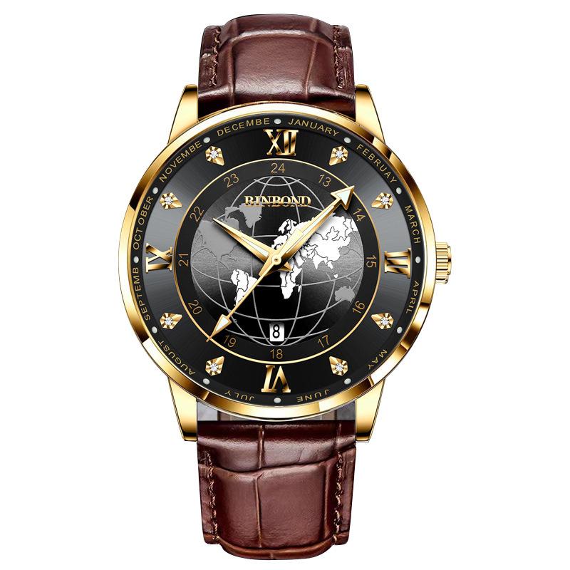 2022 Bingbang Ultra-thin Men s Waterproof Leather Strap Globe Watch with Calendar