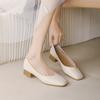 Nude leather shoes women's thick heel new middle heel women's shoes summer soft leather not tired feet single shoes