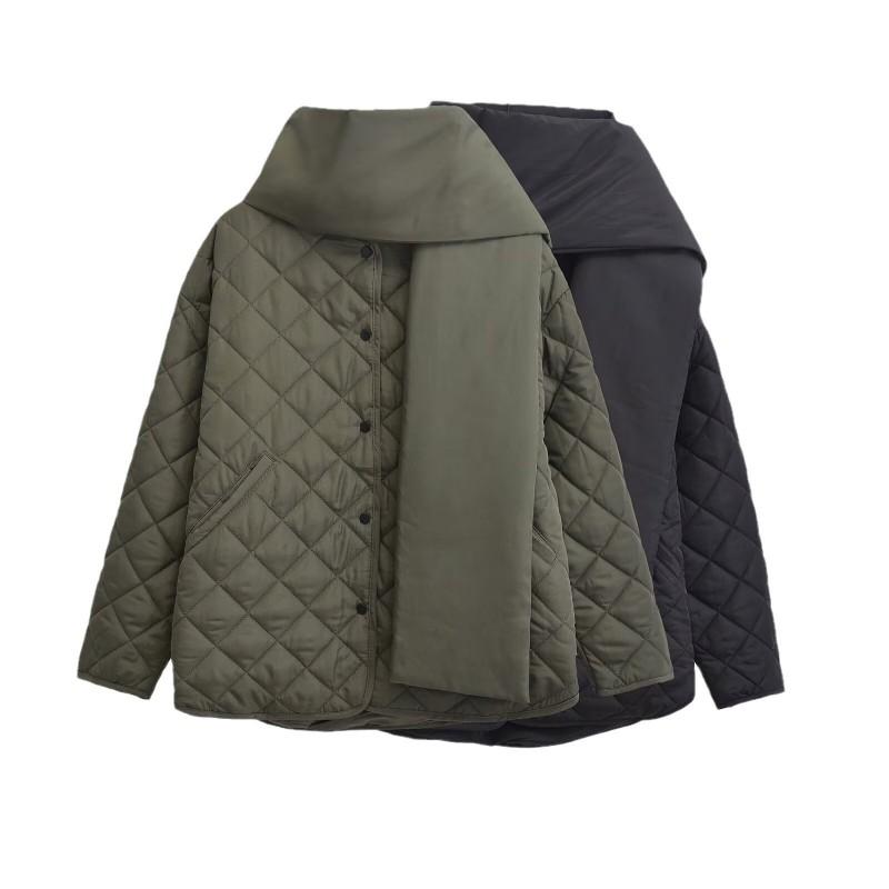 Womens Oversized Quilted Cotton Puffer Coat With Scarf Collar Casual Streetwear Winter Jacket