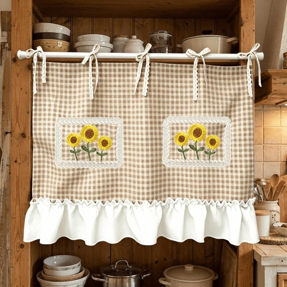 Ruffled Trim Oven Cover Curtain Gingham Plaid Cabinet Curtain Oven Door