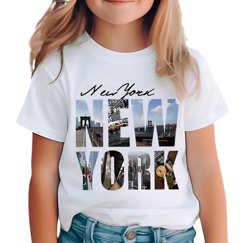 Instagram Girls NEW YORK Fashion Text Print Short Sleeve Summer Dress for Kids Kids Clothes Summer polyester fabric
