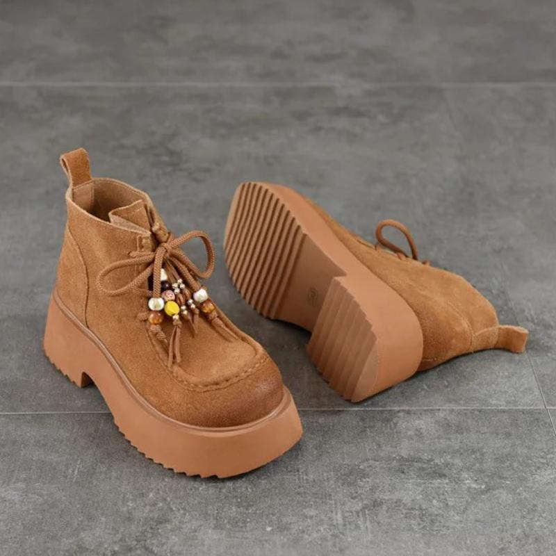 Johnature Thick Soled Handmade Beaded Round Toe Genuine Leather Short Boots Women's Lace-up Ankle Boots