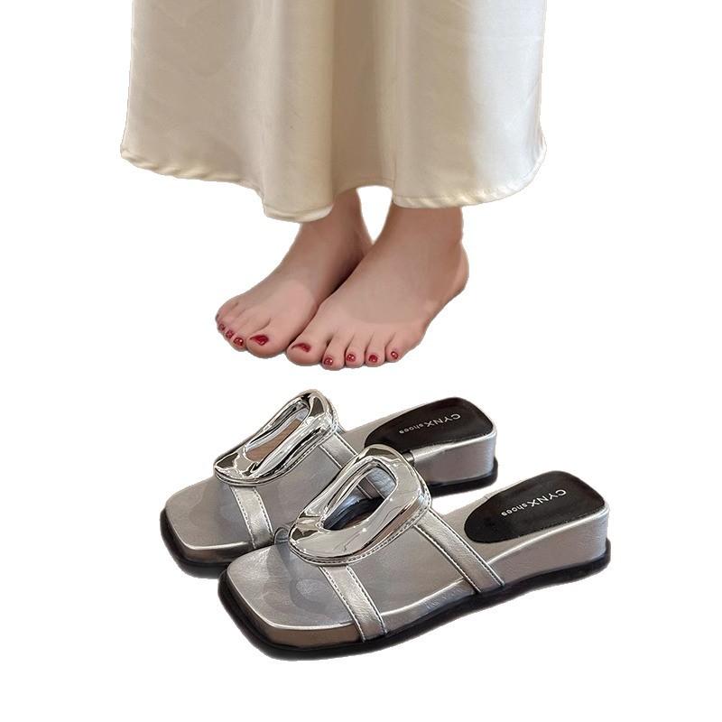 French Temperament Thick-bottomed One-word Women's Outer Wear 2025 Summer New Metal Buckle Retro Slope Heel Open-toed Cool Slippers