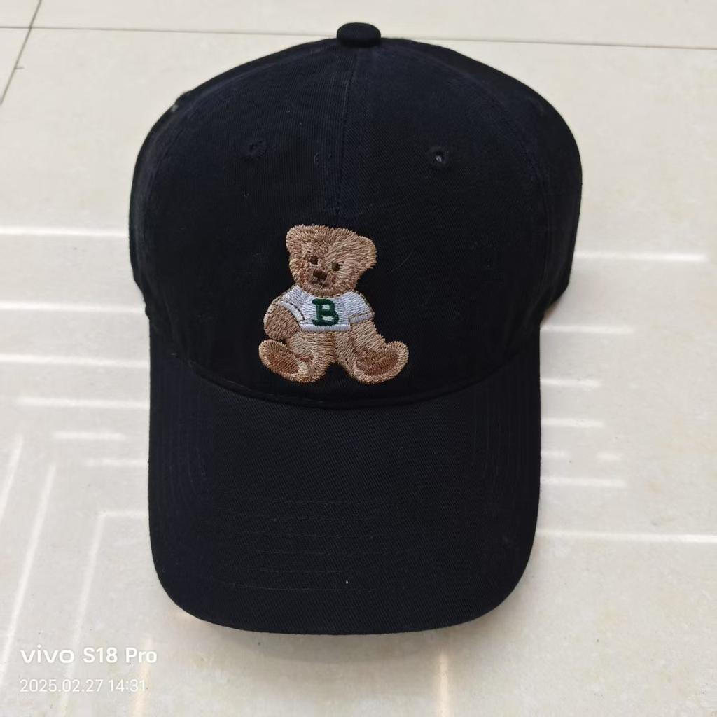 New Color blocking Bear Embroidered Baseball Cap Korean Sweet and Cute Versatile Baseball Cap Big Head Circumference Wide Brim Showing Small Face