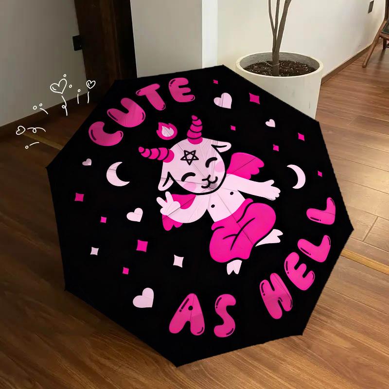 1pc Cute Devil Automatic Folding Umbrella, Heavy Duty 8 Rib Iron Frame,  Suitable for Travel, Daily Use, Birthday, Decor Gift  42