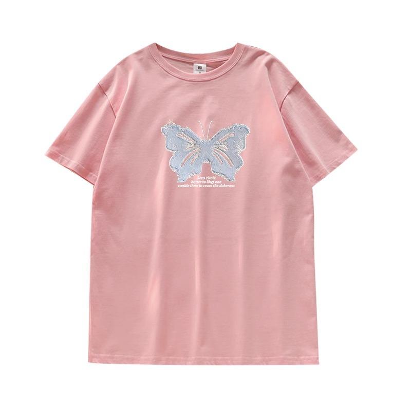 Butterfly Short-sleeved T-shirt Women's Summer New Design Sense Niche French Sweet Top Korean Chic Pure Cotton Half-sleeve