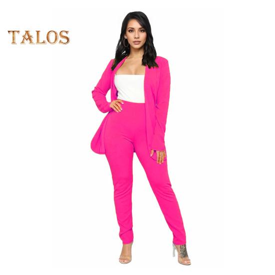 2 ks/sada Dámský formální kabát a kalhoty Dlouhý rukáv Slim střih Klopový kardigan Středně dlouhá bunda Kalhoty s vysokým pasem Formální obchodní Cestovní outfit