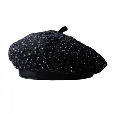 Women Classic PU Leather Brim Painter Brimless Cap Sequin Denim Beret Hat Casual