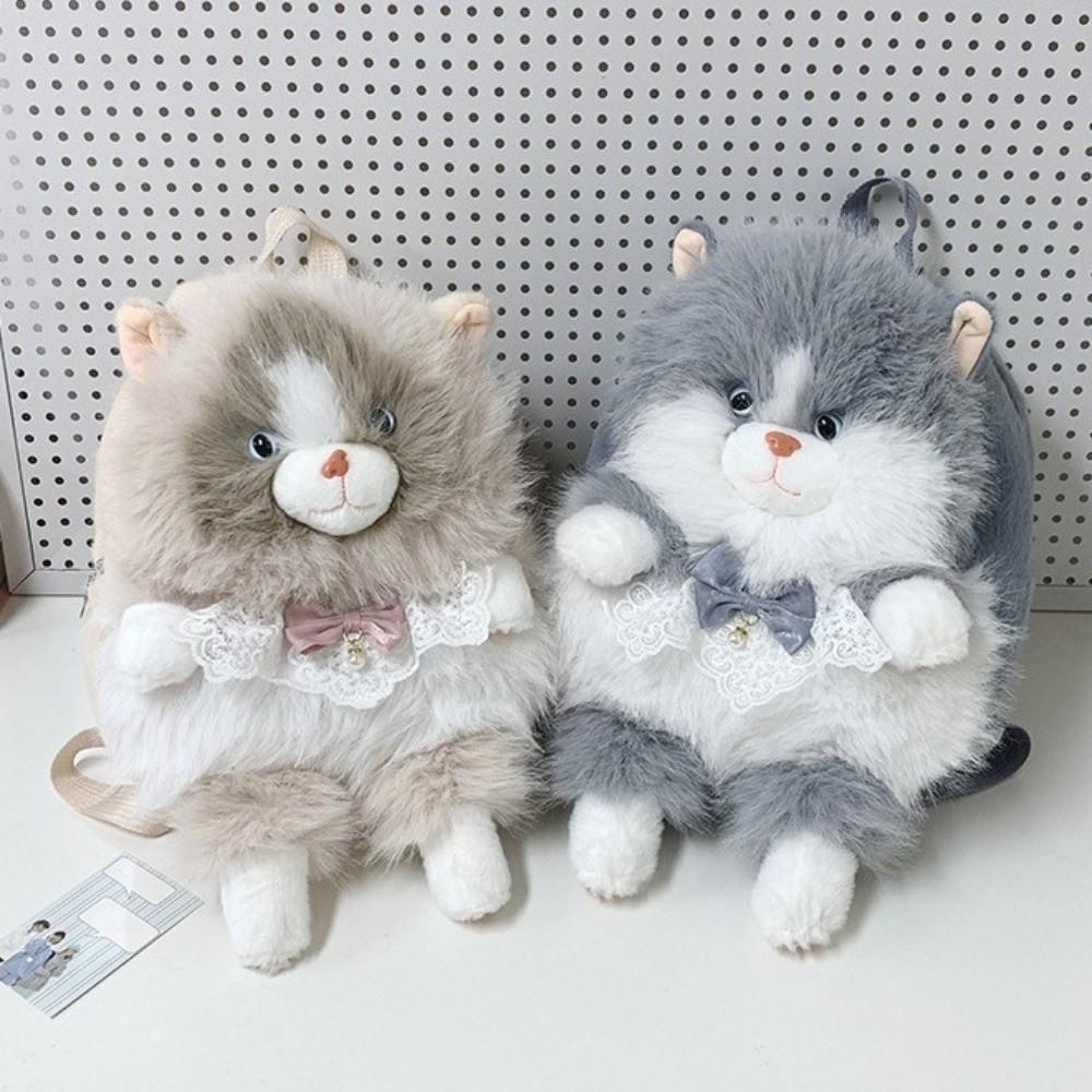 Large Capacity Cat Backpack Soft Fluffy Shoulder Bag Cartoon Plush Rucksack  For Women