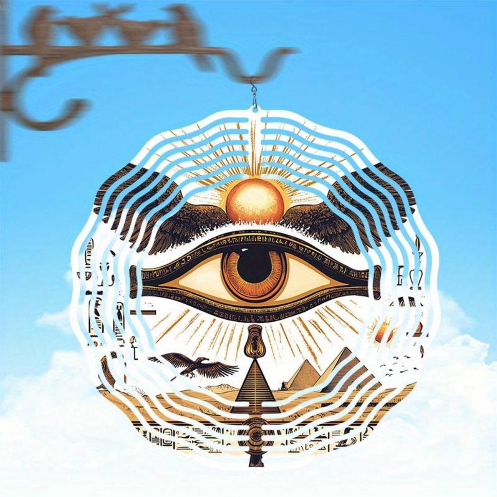 1pc 2D Ancient Egyptian Pharaoh's Eye Mandala Rotating Wind Chime - Metal Outdoor Garden Decor with 360° Rotating Hook, No Electricity Needed