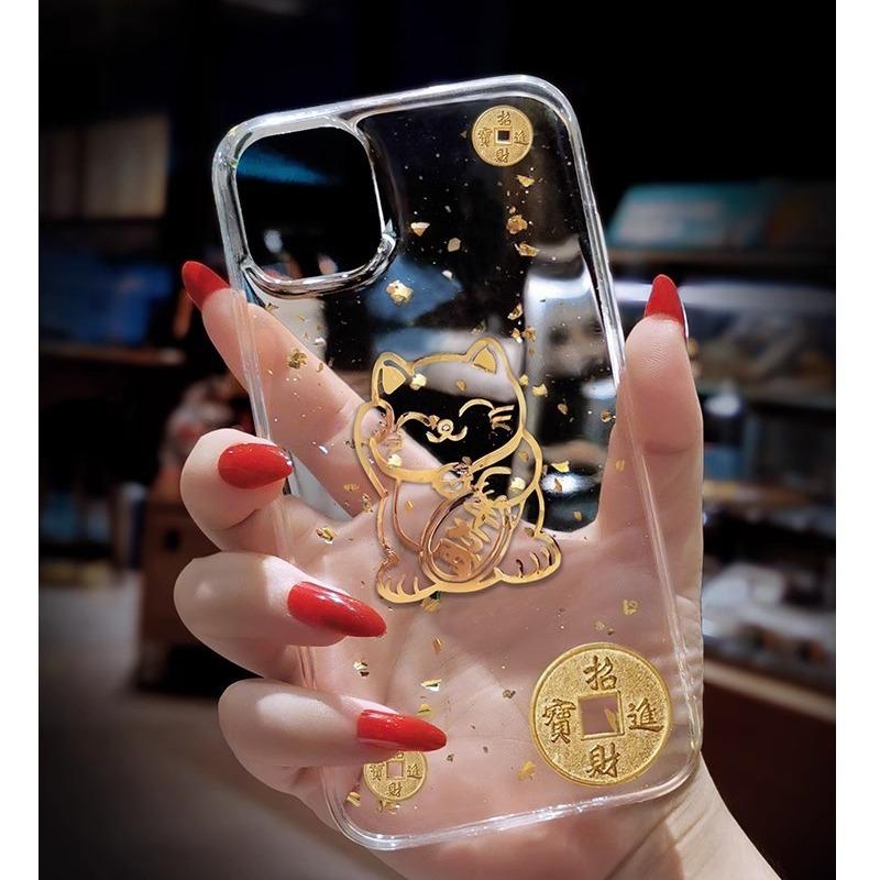 Transparent Resin Gold Foil Fortune Cat Suitable for iPhone 14, 15 Pro Max Case, iPhone 13