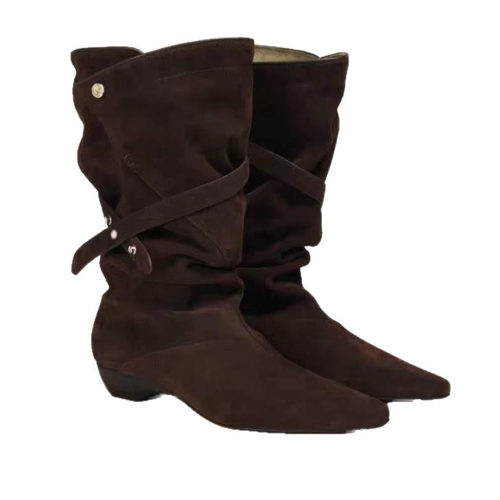 Sheepskin~ Genuine leather retro niche design stacked short boots for women, V-buckle with pointed western cowboy boots