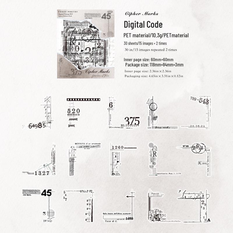 Наклейки-стикеры  Сахарная Поэзия  Белые Чернила: Серия «Ретро Время» с буквами, 30 листов, 6 дизайнов