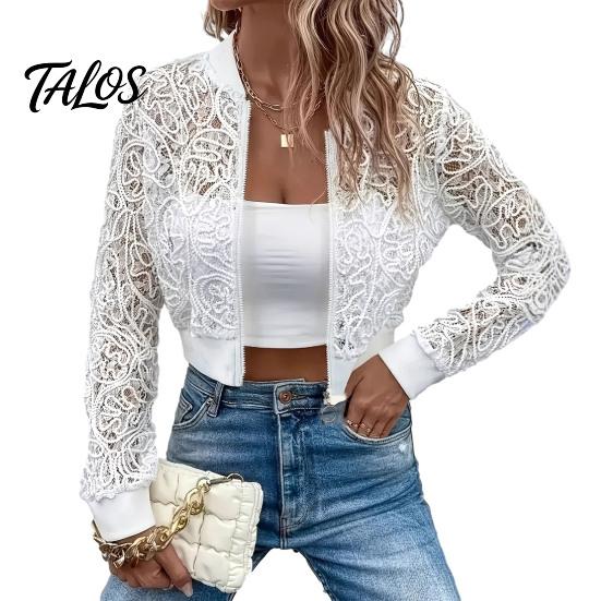 Floral Print Jacket Women's Lace Jacket, Sexy See Through Long Solid Color Women Sleeve Crop Coat, Zip-Up Sheer Lightweight Outerwear Casual