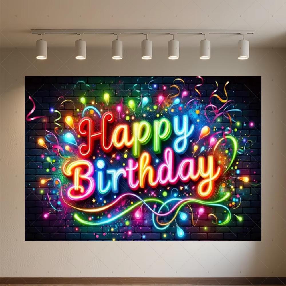 Glitter Happy Birthday Background Banner Glow Neon Dance Carnival Party Decorations Colourful Backdrop Supplies Photography Prop