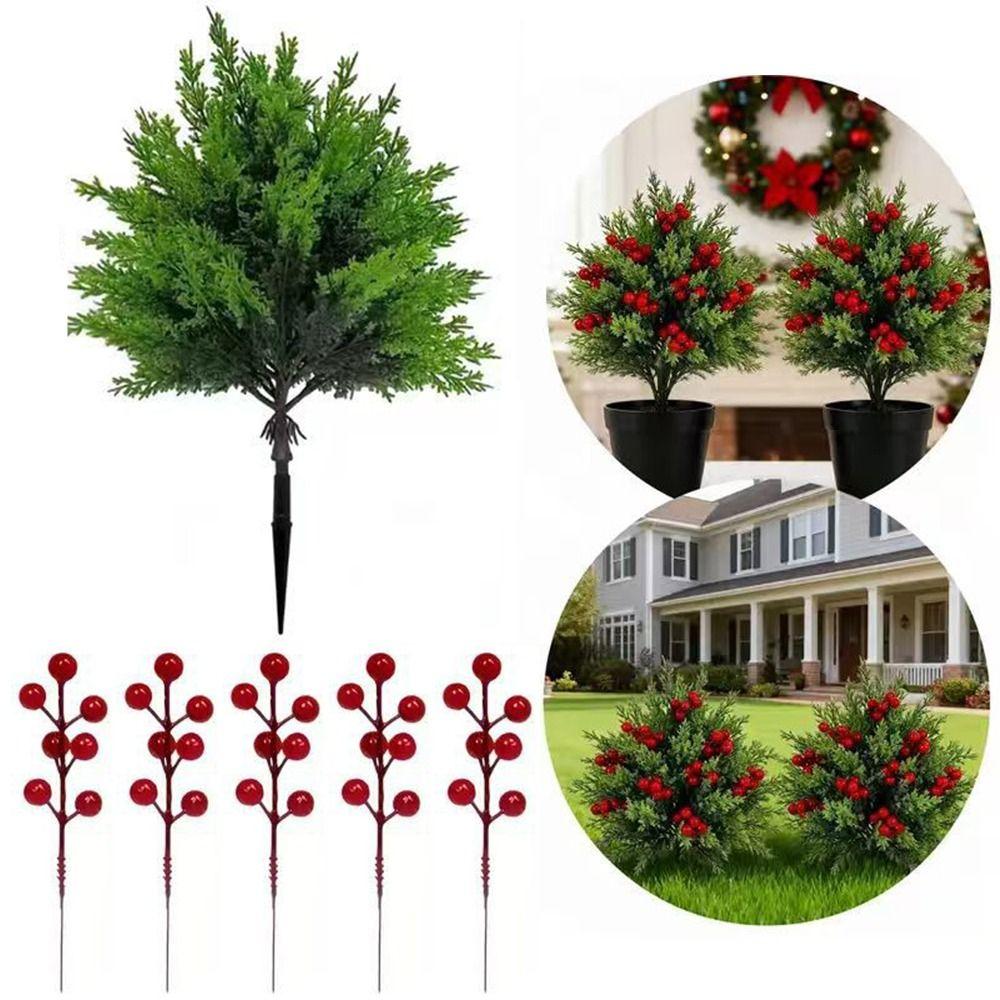 Greenery Artificial Pine Needle Green Plant with Ground Plug Christmas Branches Red Berry DIY Artificial Shrubs Bushes Christmas