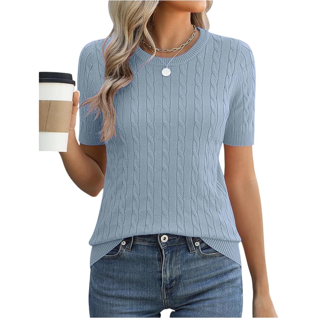 Women Short Sleeve Cable Knit Pullover Crew Neck Ribbed Hem Fitted Soft Stretchy Lightweight Sweater Top