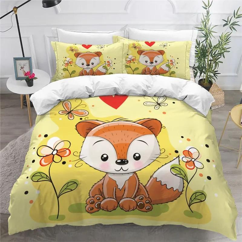Kids Cartoon Fox Duvet Cover Microfiber Bedding Set Lovely Animal Theme Comforter Cover King For Kids Adults Girls Bedroom Decor