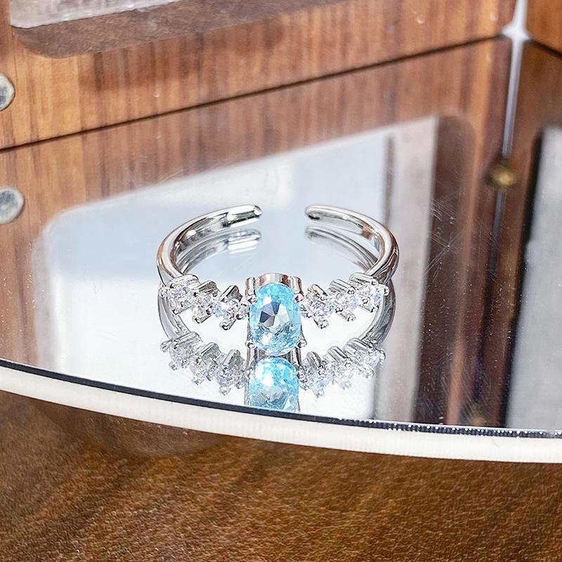 Light Luxury High-End Sea Blue Zircon Light Luxury Sugar Cube Love Open Ring Niche Stacking Wearing Colored Treasure Exquisite Ring
