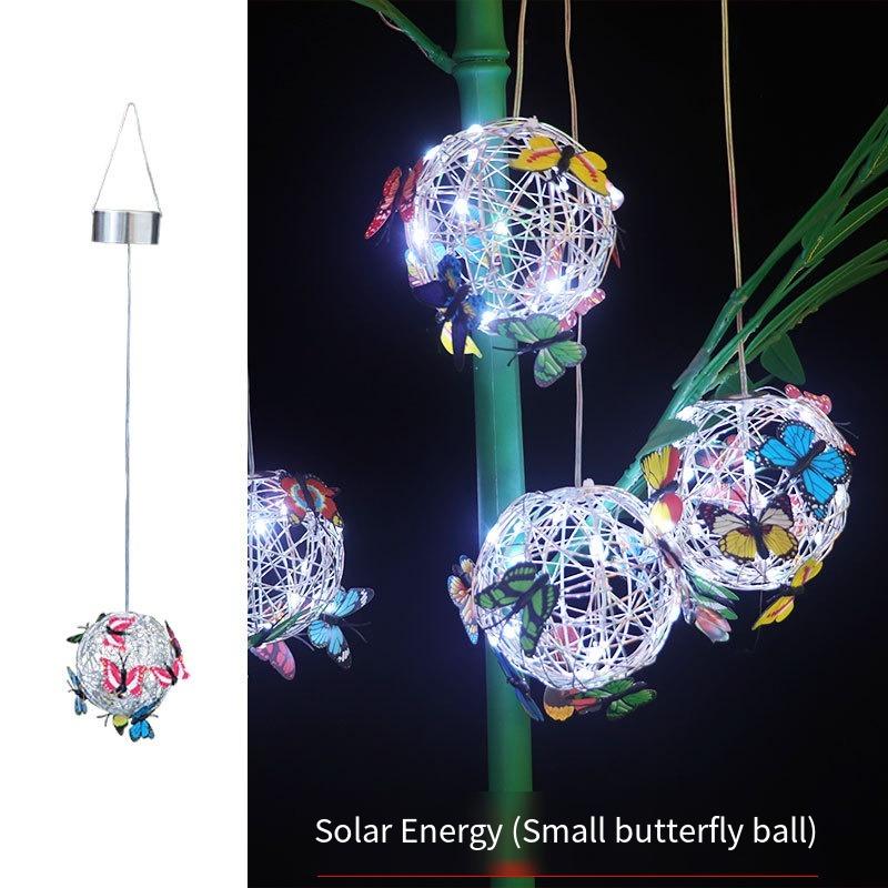 1PC new led solar hanging tree ball simulation butterfly ball chandelier outdoor garden light decorative aluminum wire ball light