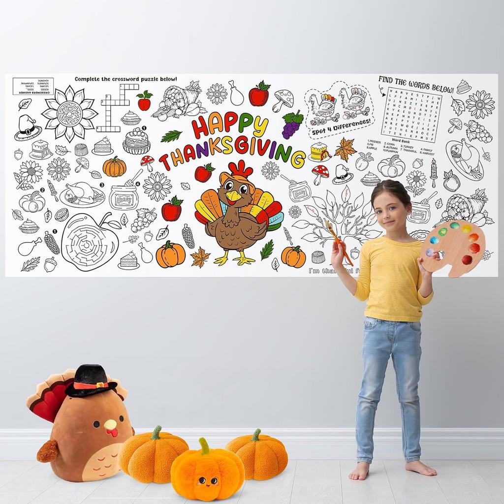 Happy Thanksgiving Coloring Poster-Thanksgiving Coloring Tablecloth for Kids - 72 x 30 Inches, Giant Thanksgivings Paper Table Cloth Cover Crafts