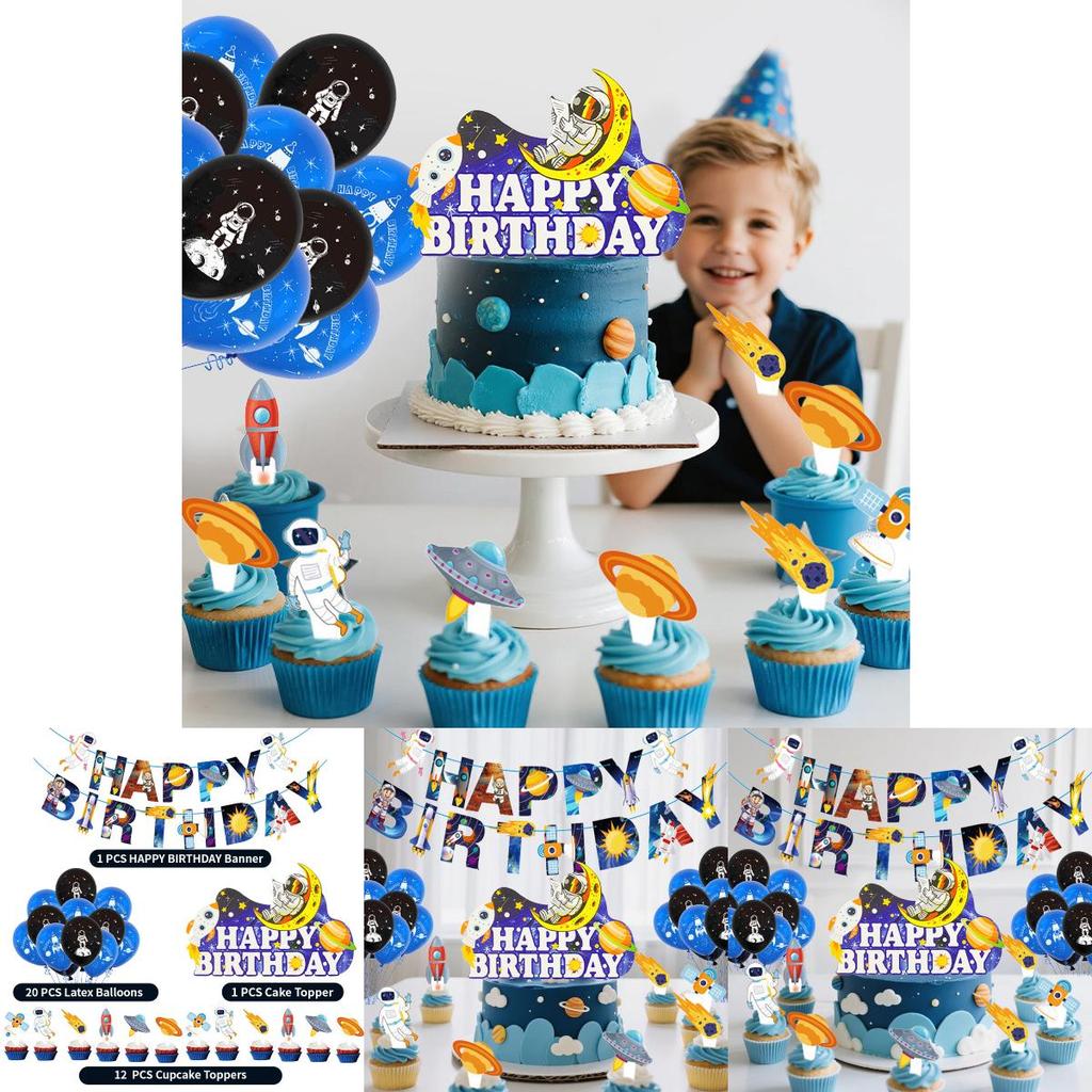 Space Theme Birthday Cake Topper With Rocket Flags For Party Decor