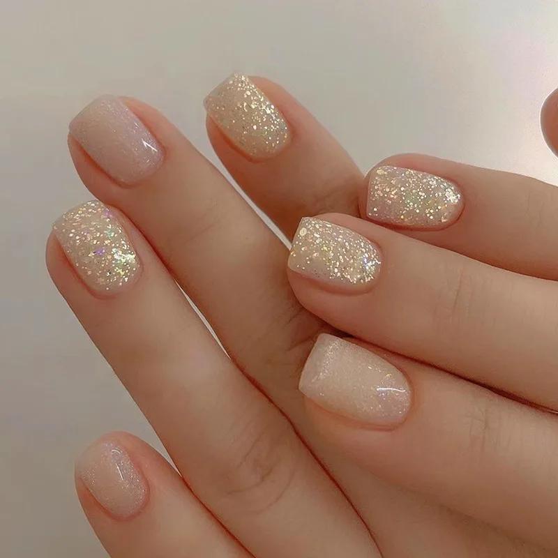 24Pcs Simple False Nails with Glue Short Almond Fake Nails Glitter Aurora Round Head Full Cover Nail Tips Oval Press on Nails