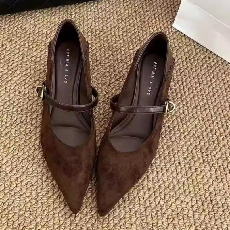 French Retro Pointed Toe Shallow Single Shoes Women's Spring and Autumn One-word Buckle Strap Versatile Kitten Heels