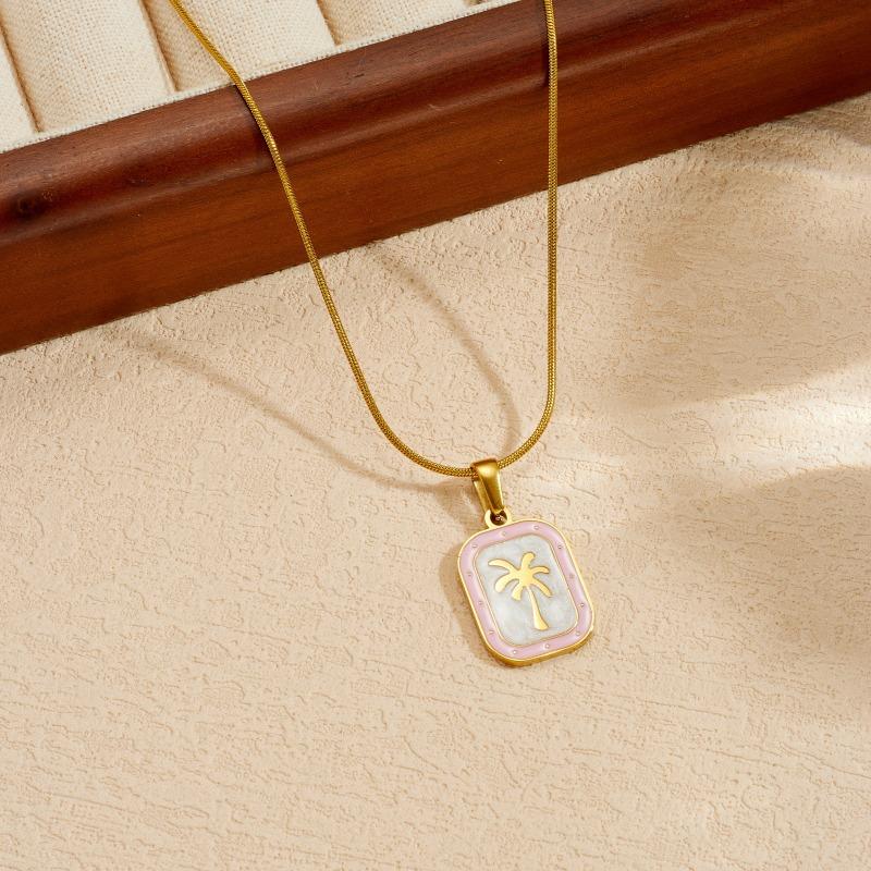 Gold Plated Stainless Steel Coconut Tree Enamel Pendant Necklace for Women