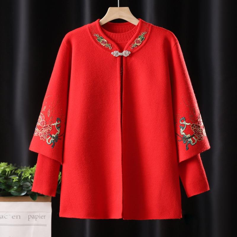 Mom's new knitted cardigan embroidered sweater jacket middle-aged lady spring and autumn top two-piece set