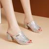 Women's Block Heel Mule Slides with Glitter Lace Open Toe Sparkling Casual Sandals for Summer Parties&Date Nights