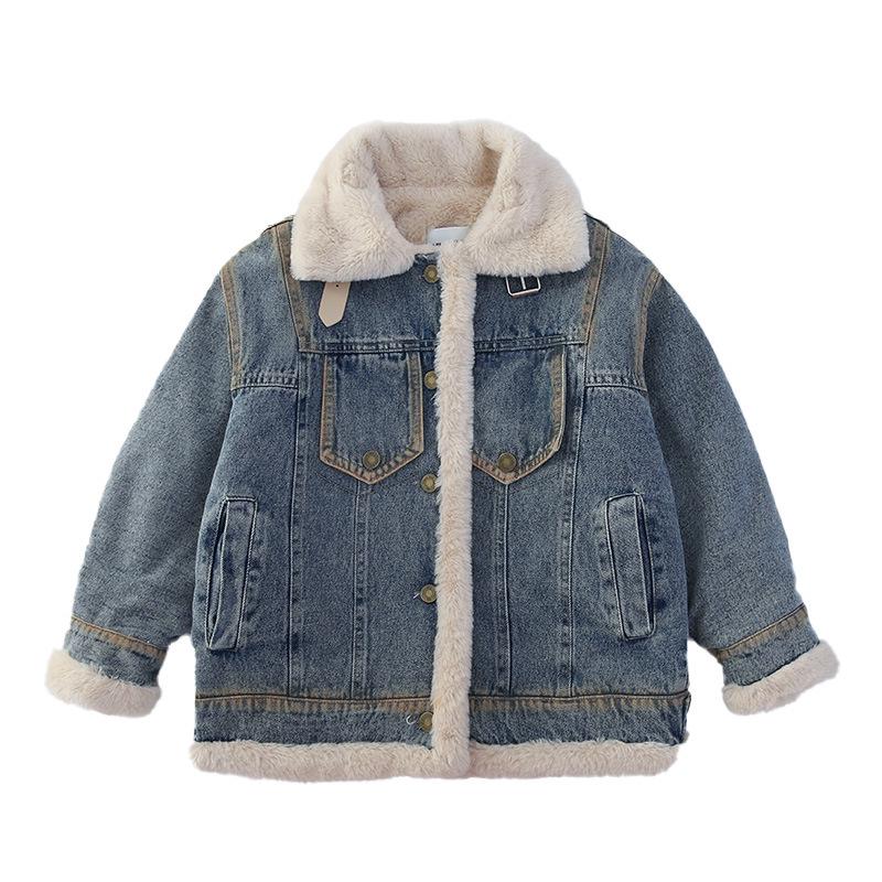 Girls' Trendy Fleece-Lined Denim Jacket 2025 - Warm Winter Cardigan