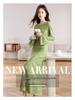 Green Field Slimming French Retro Bodycon Dress - Elegant Ribbed Long Sleeve