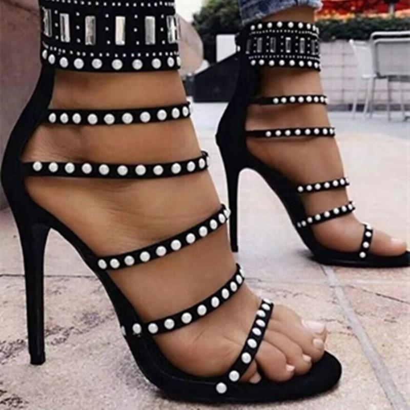European and American Beaded Rhinestone High-heeled Sandals Thin-heeled Roman Style Pointed Fashion Shoes