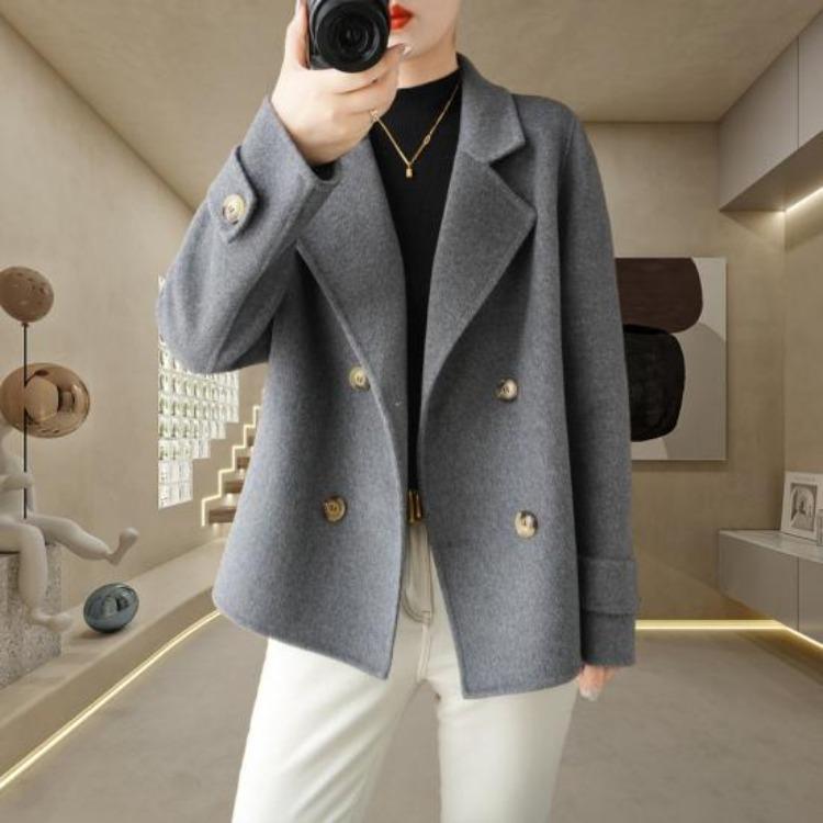 Women Double Breasted Woolen Coat Fall Winter Long Sleeve Thickened Warm Loose Lapel Solid Color Formal Business Style