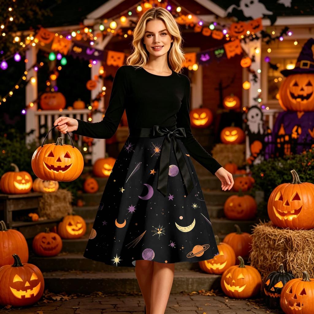 Women Crew Neck Halloween Print Dress Long Sleeve Casual Style A Line Midi Dress with Belt and Pattern Skirt