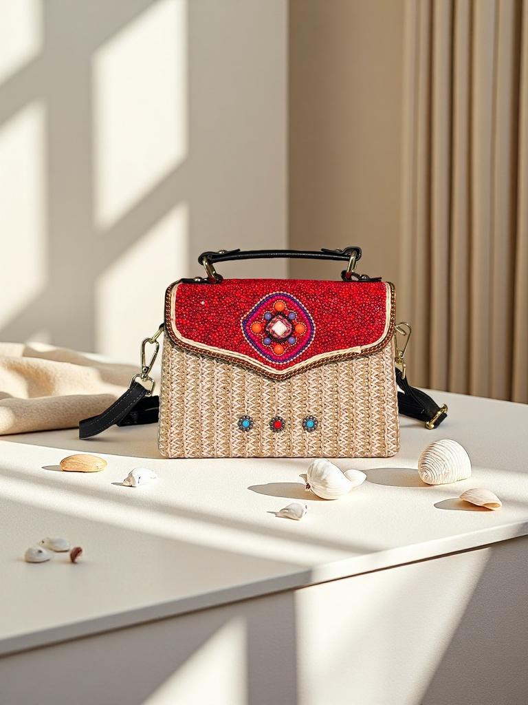 Boho Beaded Rattan Crossbody Bag, Vacation-Ready Shoulder Purse with Essentials Organizer - Lightweight Woven Phone & Keys Holder for Travel
