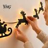 Festive Living Room Wall Art Lighted Santa Sleigh Reindeer Christmas Decor with Remote, 3D Light Up Wood Peel Holiday Gift for Family And Stick