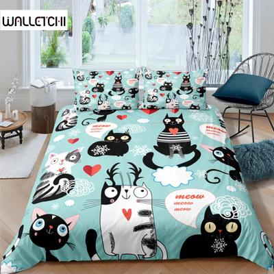 Home Textile Cartoons Cute Cat Quilt Cover Duvet Cover Pillow Case Boy Girl 2/3Pcs Polyester Bedding Set King Queen Twin Size