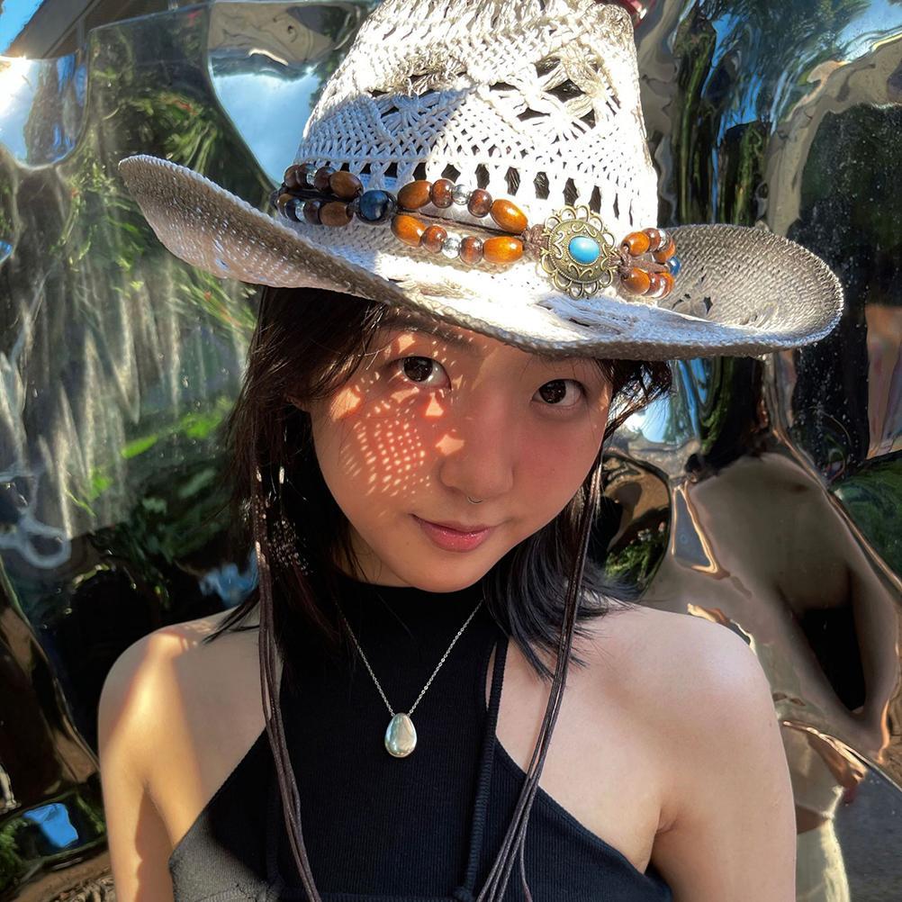 Halm cowboy cowgirl lue for menn kvinner bred skygge hul pustende solhatt med perlebånd