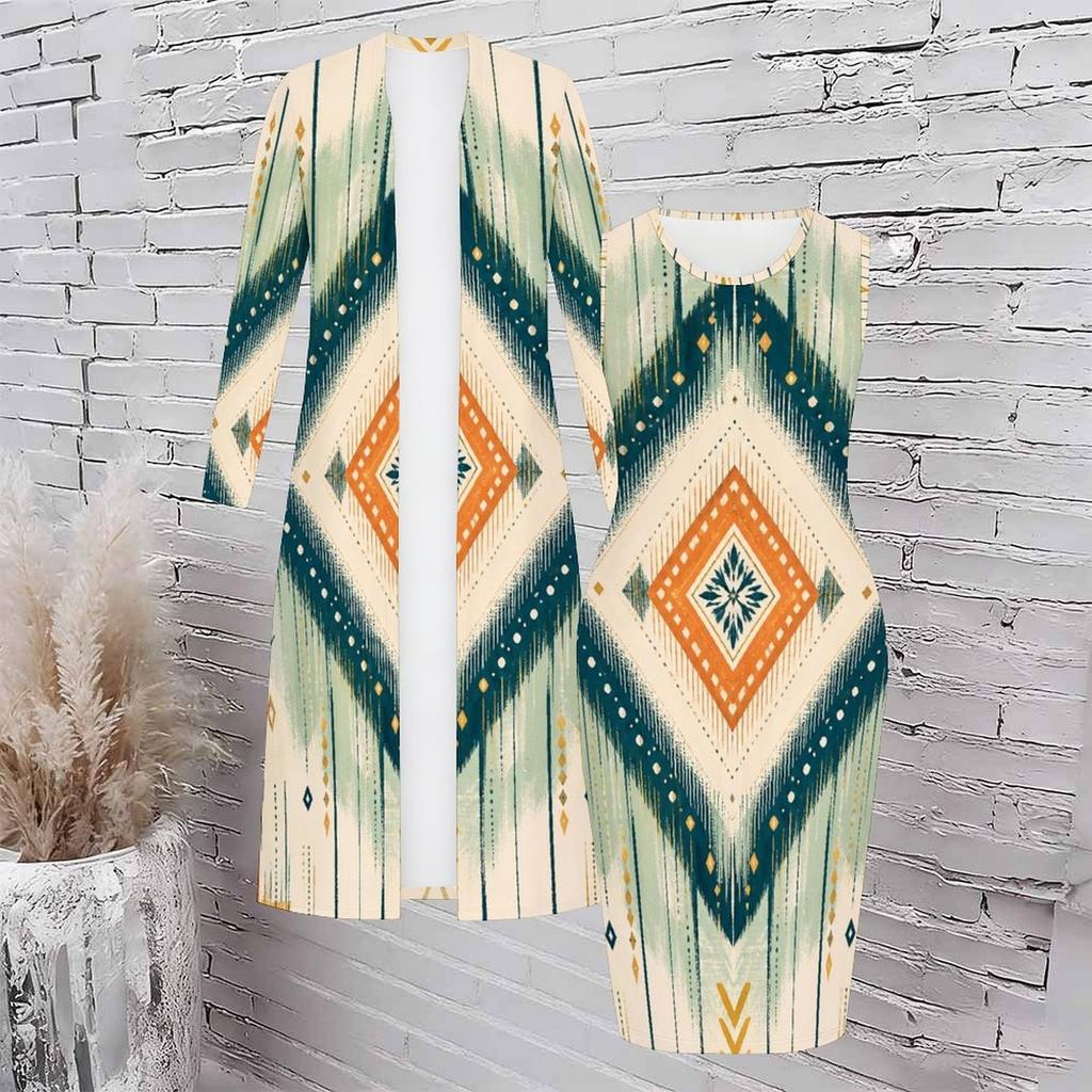 Women Plus Size Printed Two Piece Set Long Sleeve Open Front Cardigan Sleeveless Bodycon Dress