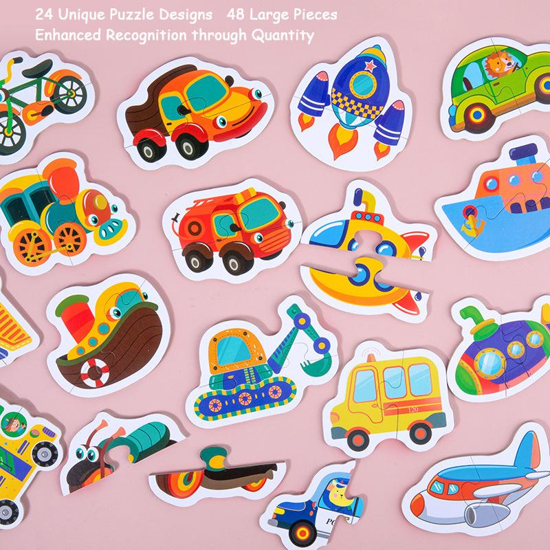 2-Piece Matching Puzzle Board With Cartoon Animal & Vehicle Designs - Educational Preschool Toy For Toddlers