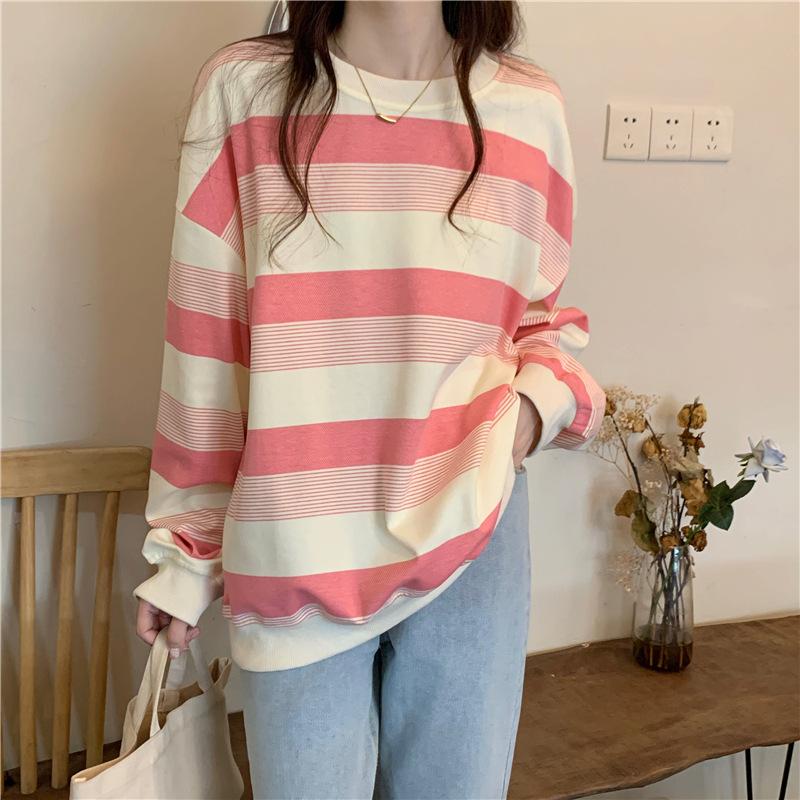 Stripes Clashing Color Loose Long-sleeved T-shirt Women Autumn Winter Thin Section Round Neck Sweater Female Student Tops Retro Versatile Sweatshirt
