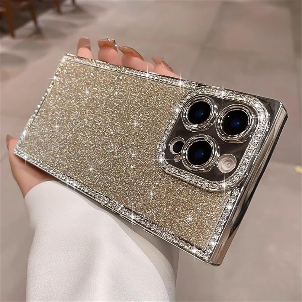 

Luxury Rhinestone Squares Bling Glitter Phone Case For iPhone 17 Air 16 15 Plus 14 13 Pro Max Plating Bumper Shockproof Cover iPhone 14 Plus