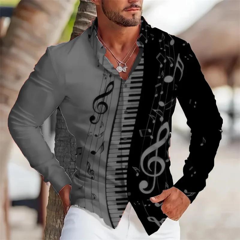 Music Piano Print Long Sleeve Shirt, Stylish Casual Men's Top