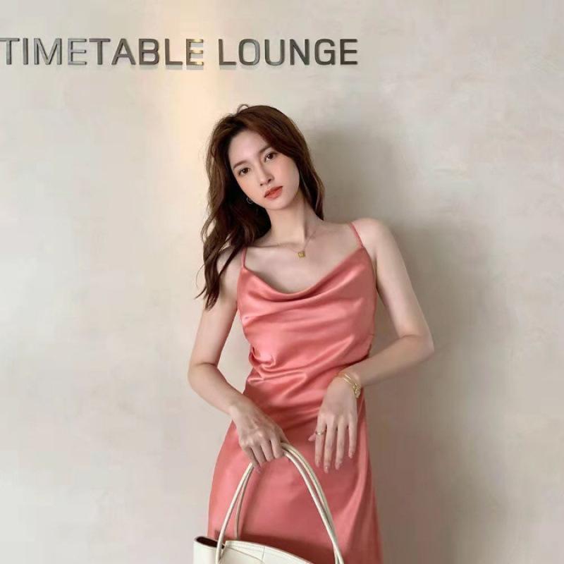 Satin swinging collar satin suspender dress women's summer dress new thin waist a word skirt gentle wind long dress