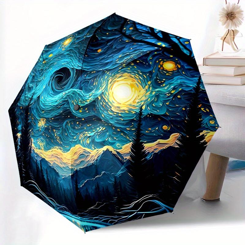 

Starry Night Automatic Umbrella - One-Touch Open Portable Windproof Umbrella with 8-Rib Design, Vibrant Van Gogh-Inspired Art (as the picture,Iron&8K)
