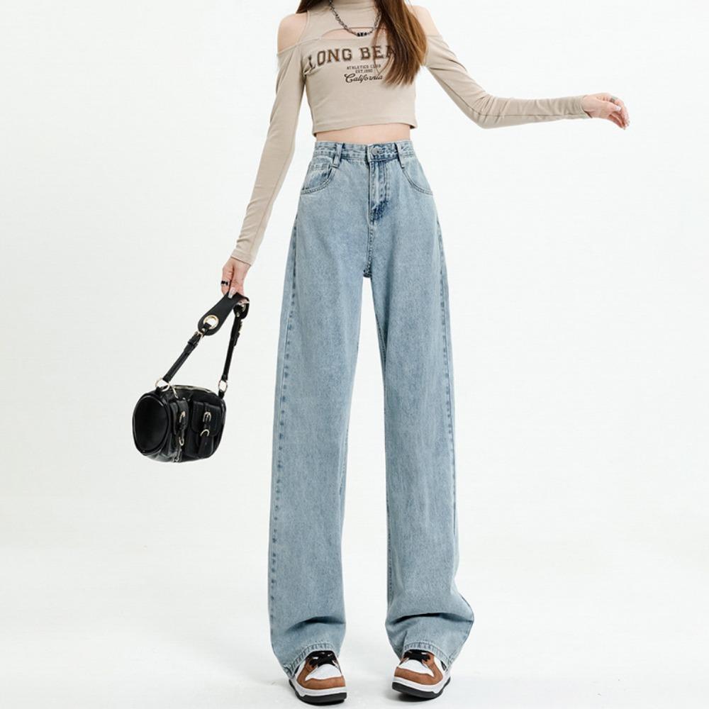 

High waist wide leg straight pants jeans women s 2025 new spring and autumn loose and thin drape jeans S светло-синий